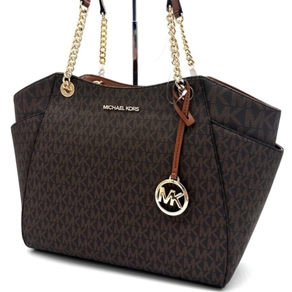 Michael Kors Large Jet Set Travel Chain Shoulder Bag Brown Signature - Picture 1 of 12